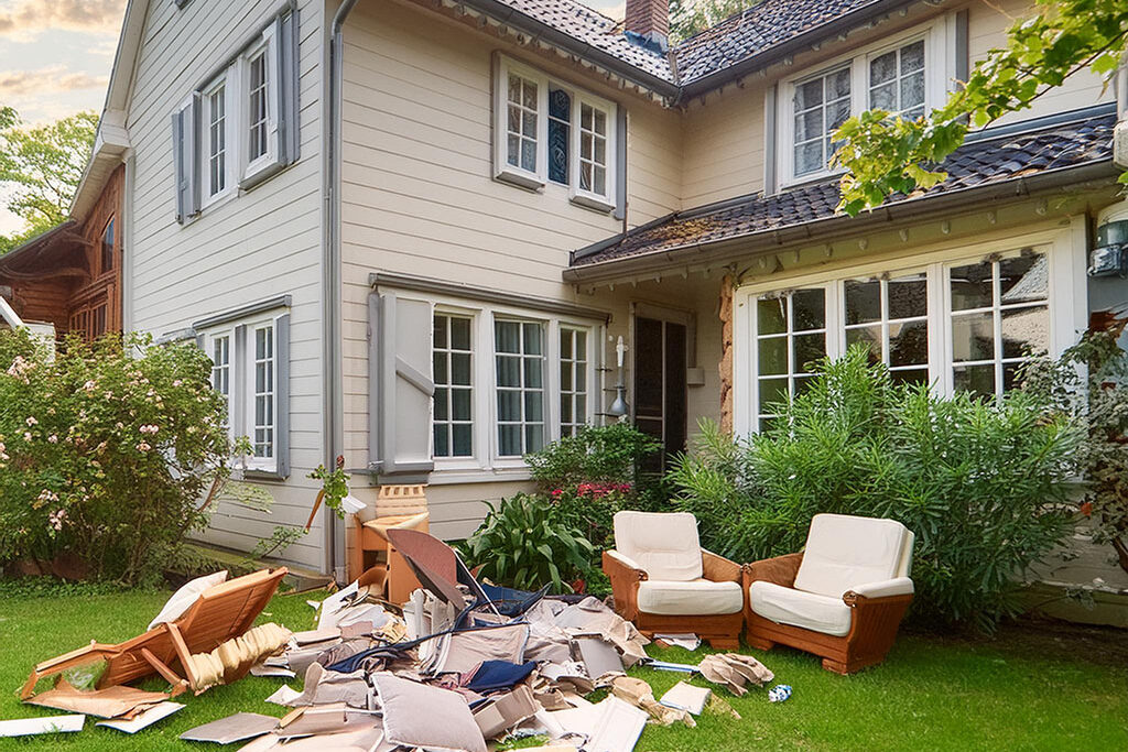 A messy house with furniture on the lawn representing a software project full of technical debt.