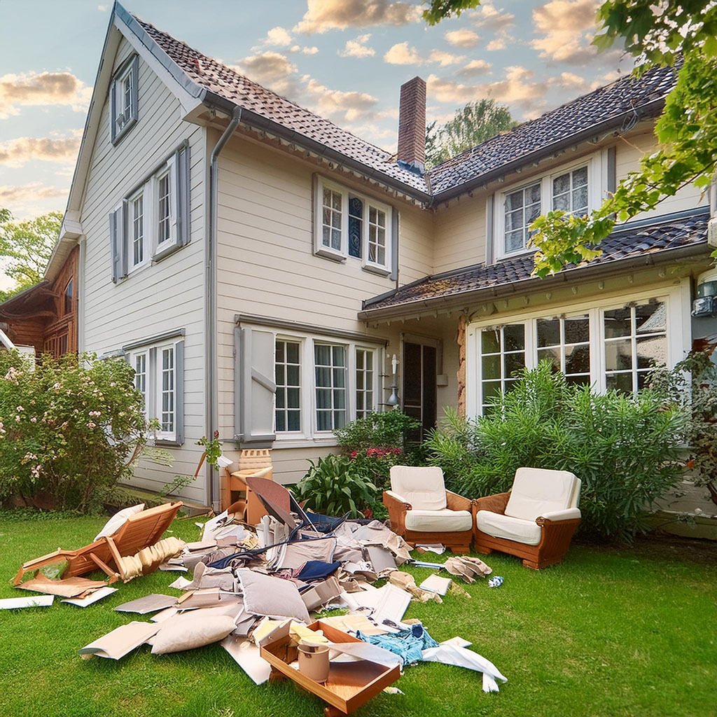 A messy house with furniture on the lawn representing a software project full of technical debt.